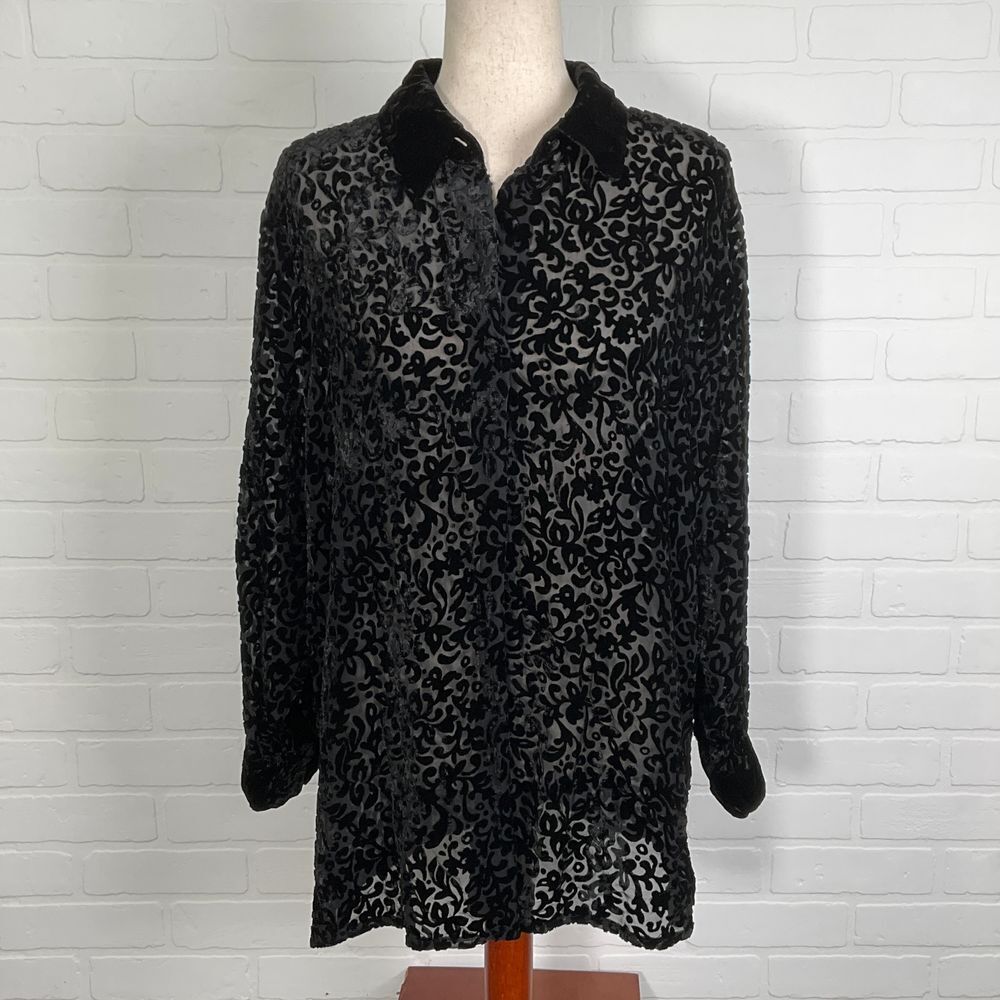 Carol Horn Blouse Women M Black Silk Velvet Burnout Floral Sheer Y2K Tunic Shirt